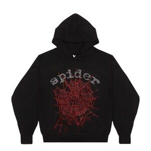 2022 Sp5der OG Rhinestone Black Hoodie with Red Web Design